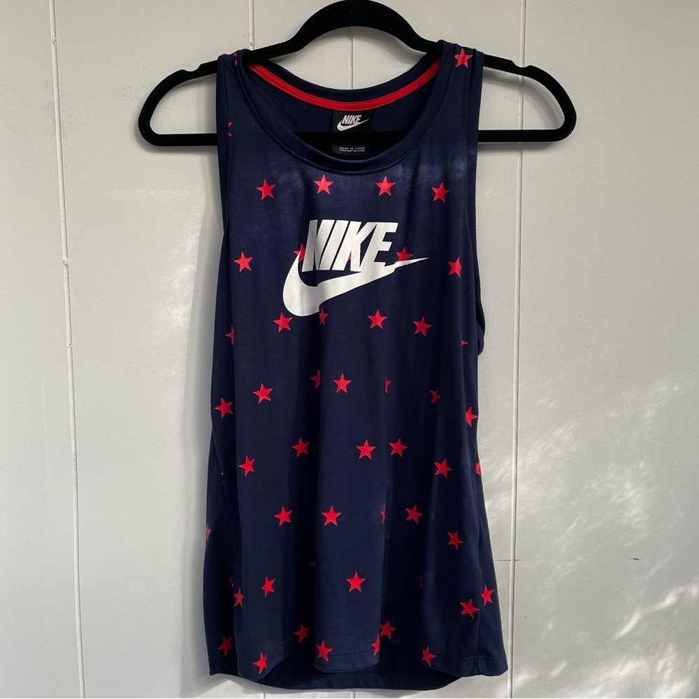 Nike Patriotic Navy Blue Red Star Racer Back Longline Swing Tank Woman’s Small